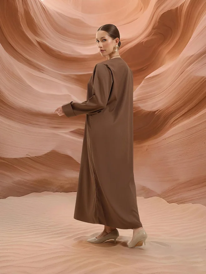 Ishin  ISHIN Brown Crinkle Cotton Regular Abaya with Hijab for Women | Best Price UAE
